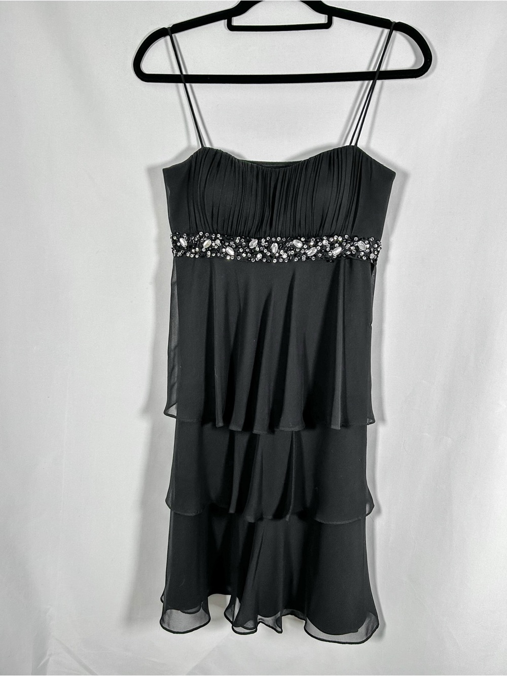 Dressbarn Collection Black Tiered Chiffon Cocktail Dress Jeweled Empire Waist